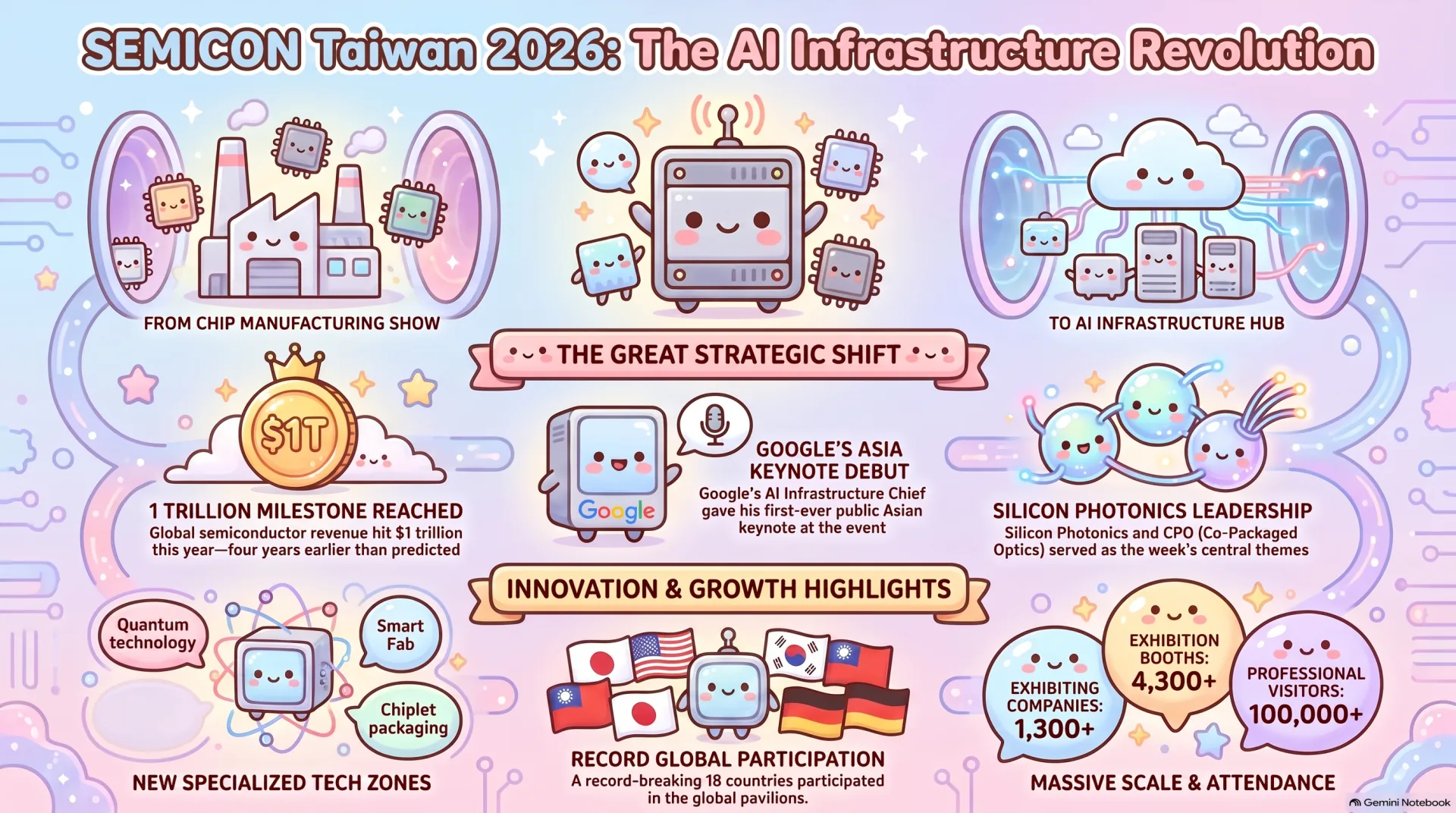 English infographic in a soft hand-drawn style: the show moving from a chip manufacturing show to an AI infrastructure hub, the US$1 trillion milestone reached four years earlier than predicted, Google's Asia keynote debut, silicon photonics and CPO as the week's central themes, new specialised zones for quantum technology, smart fab and chiplet packaging, and a record 18 countries in the global pavilions. Scale: 1,300+ exhibiting companies, 4,300+ booths, 100,000+ professional visitors.