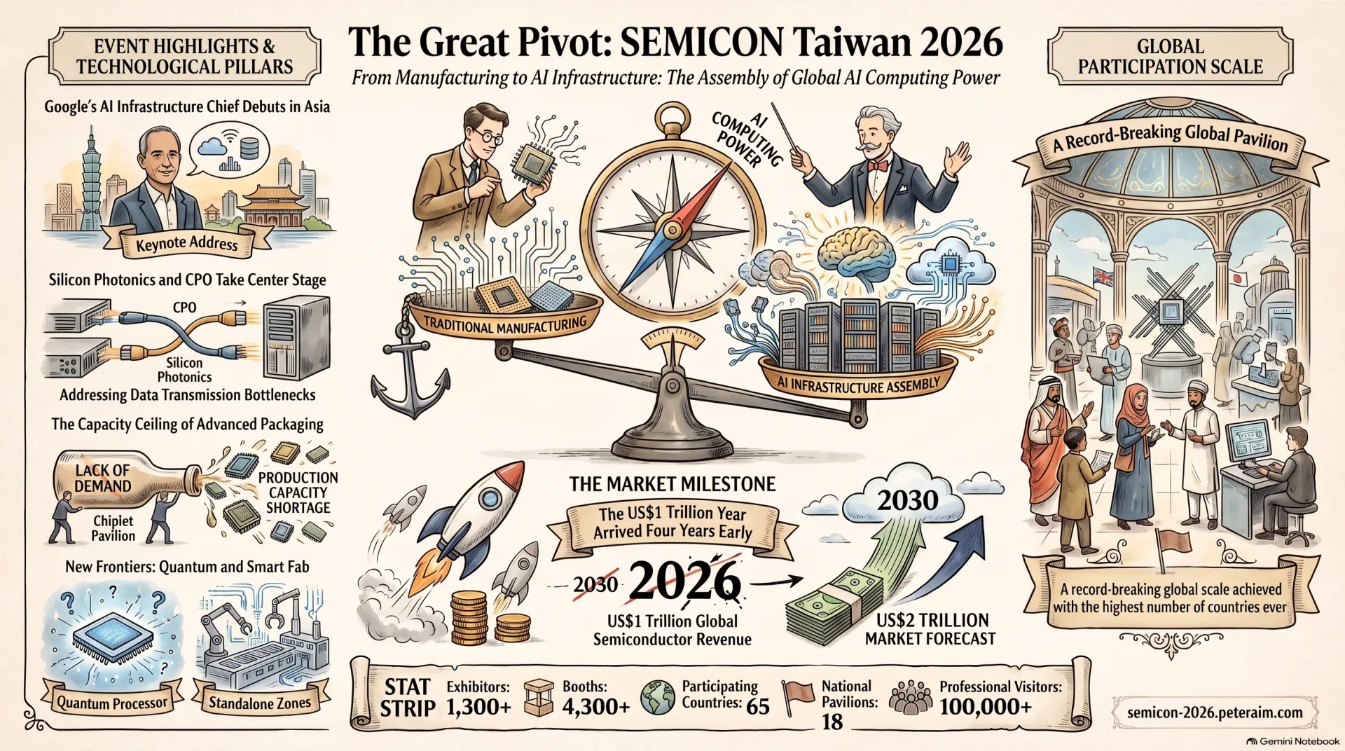 English infographic in a sketched, sepia illustration style titled The Great Pivot: from manufacturing to AI infrastructure. A balance scale tips from traditional manufacturing toward AI infrastructure assembly. Left column of highlights: Google's AI infrastructure chief debuting in Asia, silicon photonics and CPO taking centre stage to address data-transmission bottlenecks, the capacity ceiling of advanced packaging with a Chiplet pavilion, and quantum plus smart fab as new standalone zones. Centre: the US$1 trillion year arriving four years early, with 2030 struck through for 2026, and a US$2 trillion market forecast. Right: a record-breaking global pavilion with the highest number of countries ever. Stat strip: 1,300+ exhibitors, 4,300+ booths, 65 participating countries, 18 national pavilions, 100,000+ professional visitors.