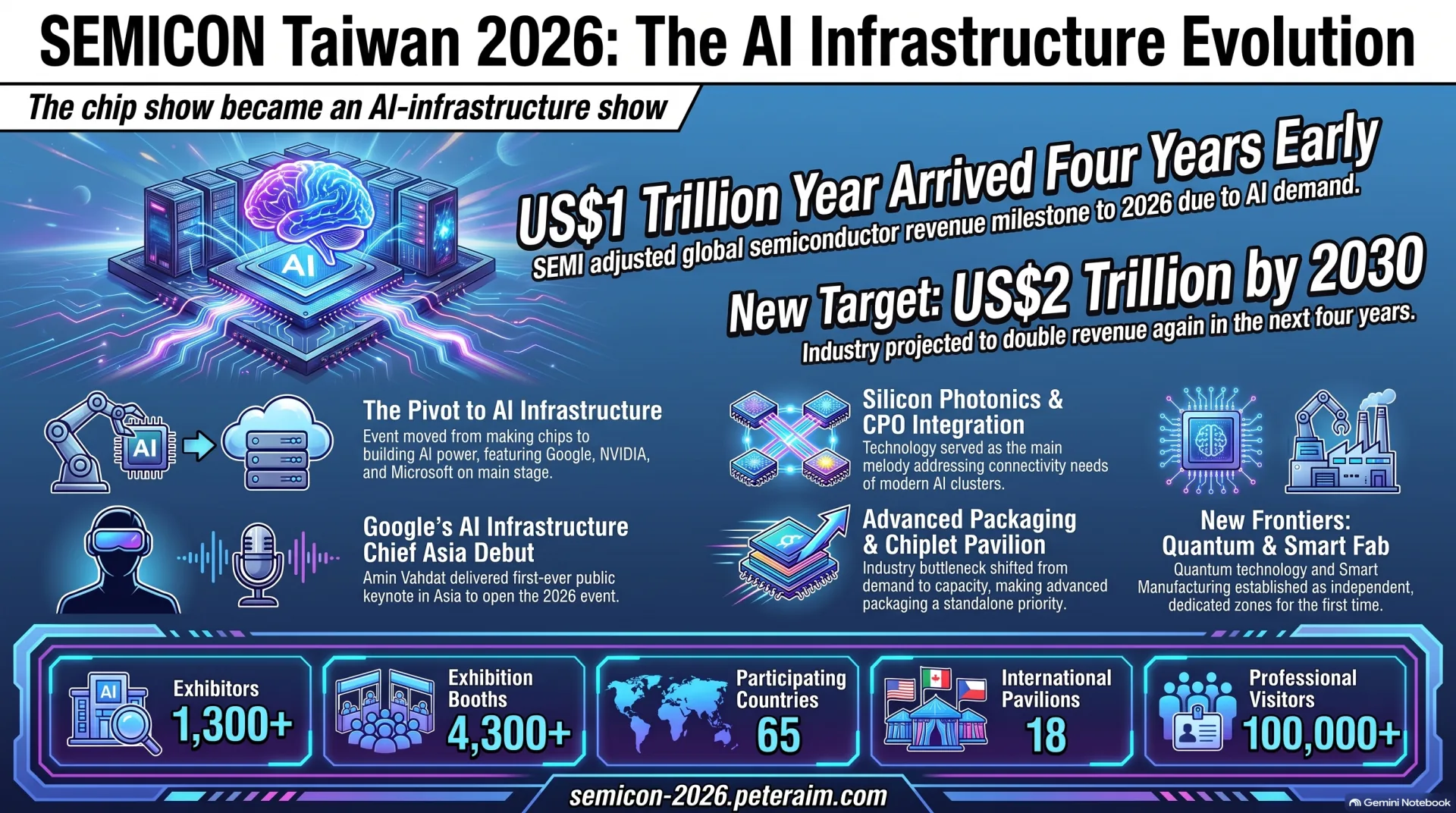 English infographic in a blue neon style titled SEMICON Taiwan 2026: The AI Infrastructure Evolution, subtitled the chip show became an AI-infrastructure show. Headline figures: the US$1 trillion year arrived four years early after SEMI moved the global revenue milestone to 2026 on AI demand, with a new target of US$2 trillion by 2030. Five panels: the pivot to AI infrastructure with Google, NVIDIA and Microsoft on the main stage; Google's AI infrastructure chief Amin Vahdat delivering his first public keynote in Asia; silicon photonics and CPO integration as the main theme for AI-cluster connectivity; advanced packaging and the Chiplet pavilion with the bottleneck shifting from demand to capacity; and quantum plus smart fab established as dedicated zones for the first time. Stat strip: 1,300+ exhibitors, 4,300+ booths, 65 participating countries, 18 international pavilions, 100,000+ professional visitors.