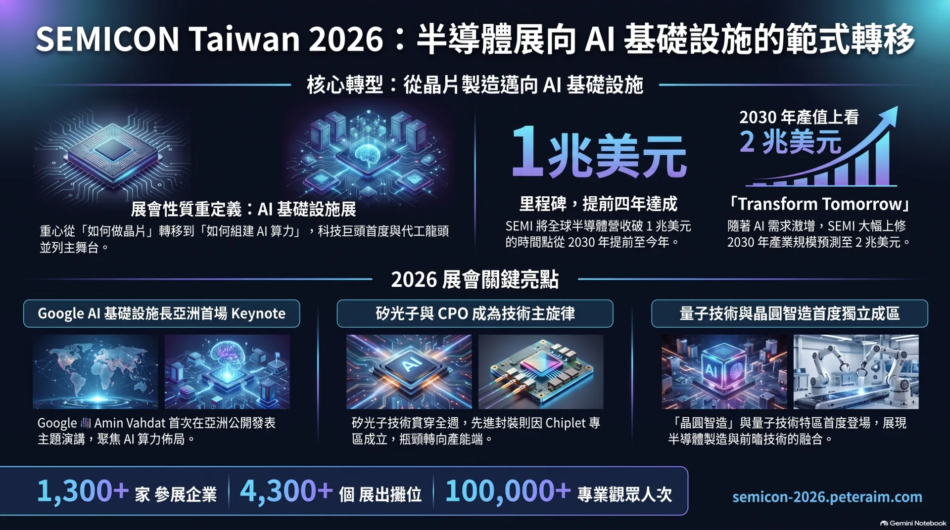 中文資訊圖:SEMICON Taiwan 2026 半導體展向 AI 基礎設施的範式轉移。內容涵蓋展會性質從「如何做晶片」重定義為「如何組建 AI 算力」、1 兆美元里程碑提前四年達成、2030 年產值上看 2 兆美元,以及三大亮點——Google AI 基礎設施長亞洲首場 Keynote、矽光子與 CPO 成為技術主旋律、量子技術與晶圓智造首度獨立成區。頁腳數字:1,300+ 家參展企業、4,300+ 個展出攤位、100,000+ 專業觀眾人次。