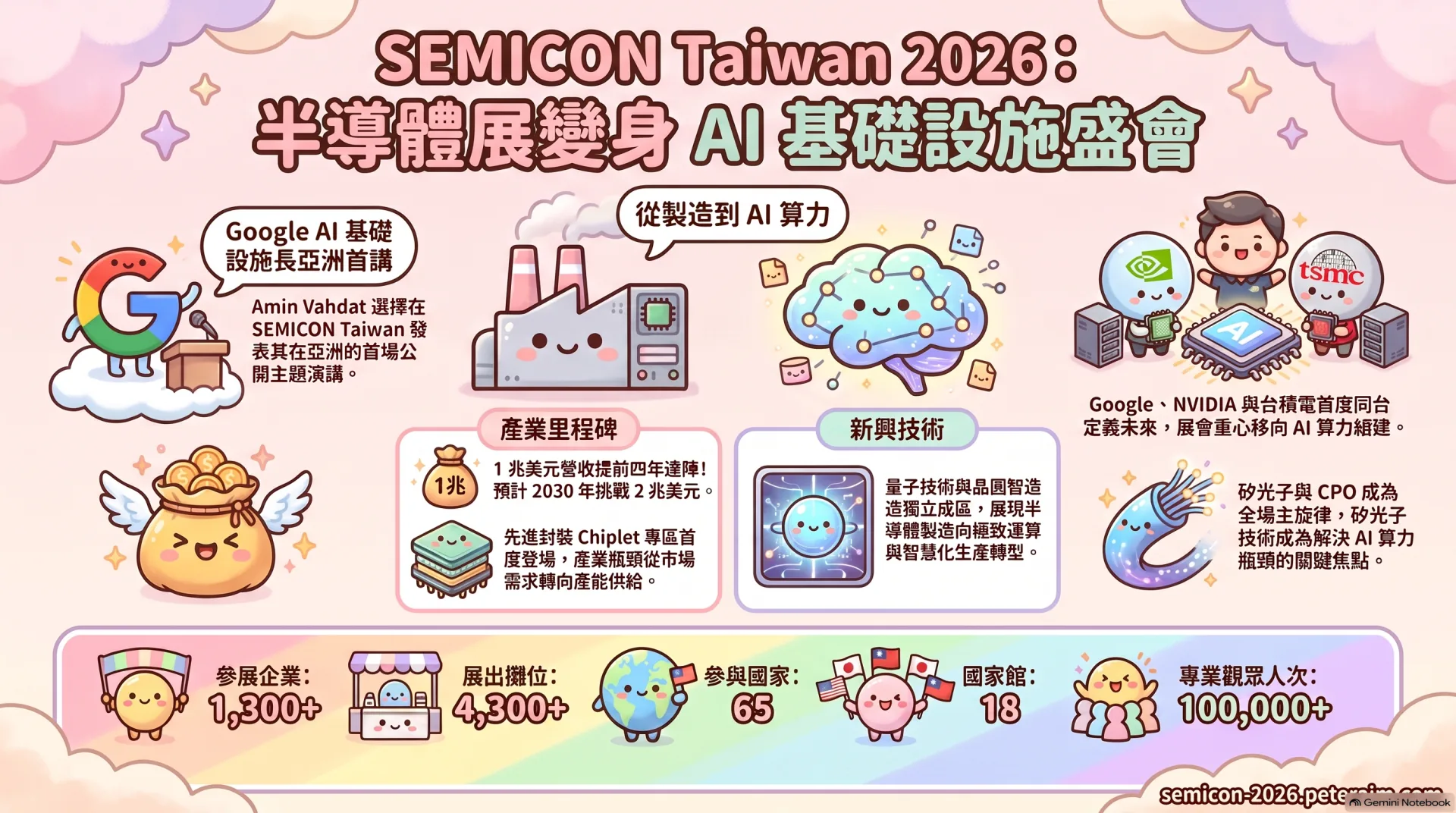 中文資訊圖,手繪柔和風格,內容相同:Google AI 基礎設施長亞洲首講、展會重心從製造移向 AI 算力、1 兆美元營收提前四年達陣且 2030 年挑戰 2 兆美元、先進封裝 Chiplet 專區首度登場使瓶頸從市場需求轉向產能供給、量子技術與晶圓智造獨立成區、矽光子與 CPO 成為全場主旋律。規模:1,300+ 家參展企業、4,300+ 個展出攤位、65 個參與國家、18 個國家館、100,000+ 專業觀眾人次。